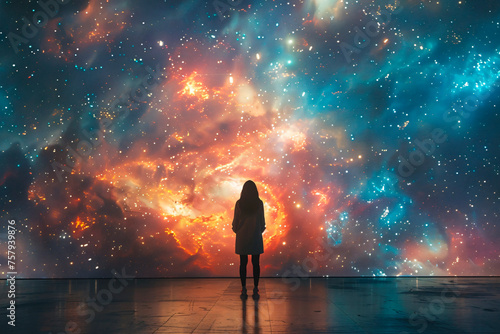 Silhouette of a person standing in awe of a breathtaking cosmic galaxy light projection