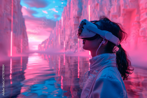 Amidst a neon-lit, cavernous landscape, a woman explores virtual reality wearing a VR headset, fully immersed in this futuristic environment photo