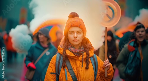 Woman on protest march against nuclear disarmament, in which demonstrators advocate the elimination of nuclear weapons and global peace photo