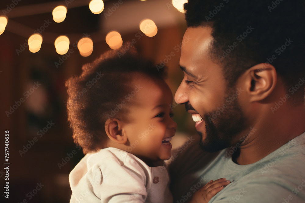 Fototapeta premium Tender Embrace between Father and Child, Warm Indoor Lighting Highlights Affectionate Family Moment