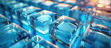 Background design. An array of glass cubes arranged in a precise order, sitting side by side with a reflective surface below