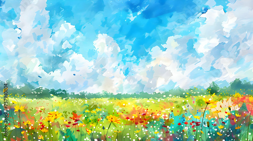 Landscape watercolor meadow with flowers background. 