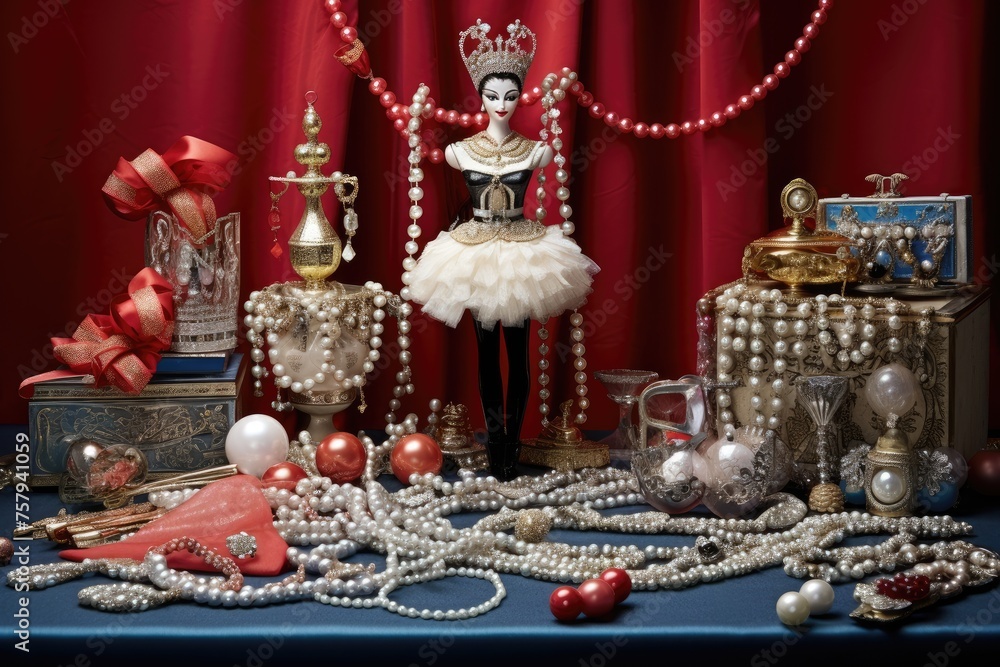 Nutcracker Ballet: Jewelry arranged on a table with nutcracker figurines and ballet-themed ornaments.
