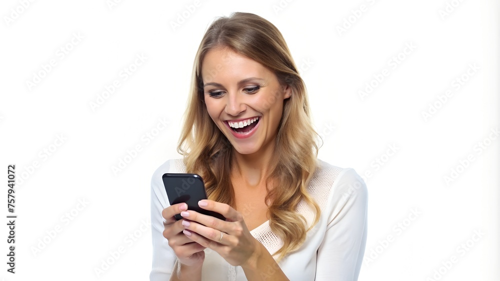 Happy Woman Using Cell Phone on White Background Happy Woman Using Cell Phone on White Background
