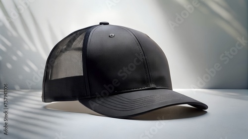 Black Baseball Cap Mockup Front View PNG with Shadow - Isolated Cutout Object photo