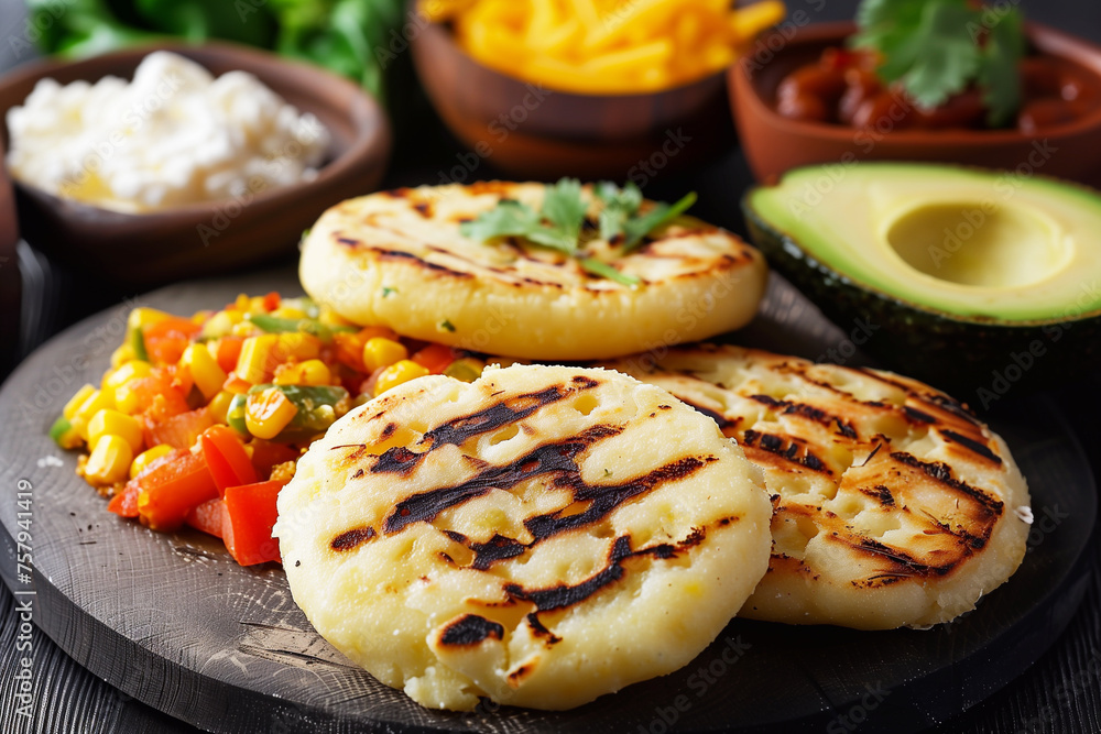 Corn arepas. Delicious breakfast. Colombian cuisine. Venezuelan food. Corn arepas. Delicious breakfast. Colombian cuisine. Venezuelan food.