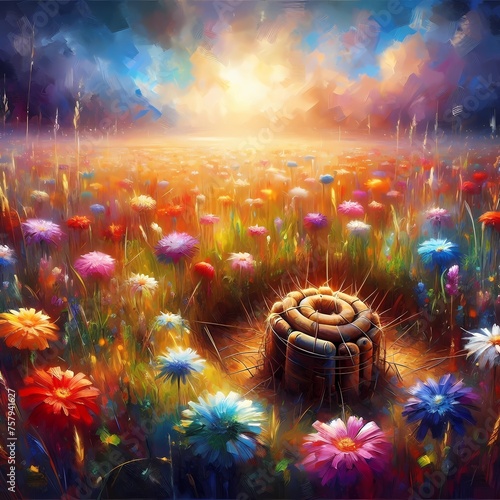  A stylized painting depicting a field of wildflowers with hidden landmines beneath the surface, representing the hidden dangers lurking in conflict zones around the world, painting, wildflowers, land photo