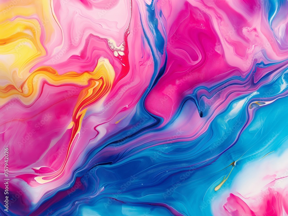 Colorful swirls of pink, blue, and yellow create a vibrant abstract background reminiscent of fluid art.