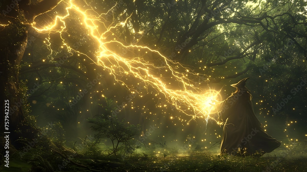 Enchantress Unleashing Radiant Lightning Spell in Verdant Forest Glade - obrazy, fototapety, plakaty 