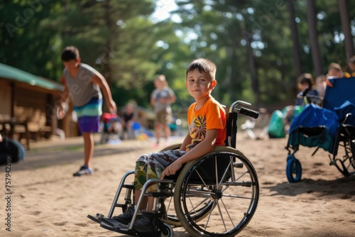 child in a wheelchair at summer camp. generative ai