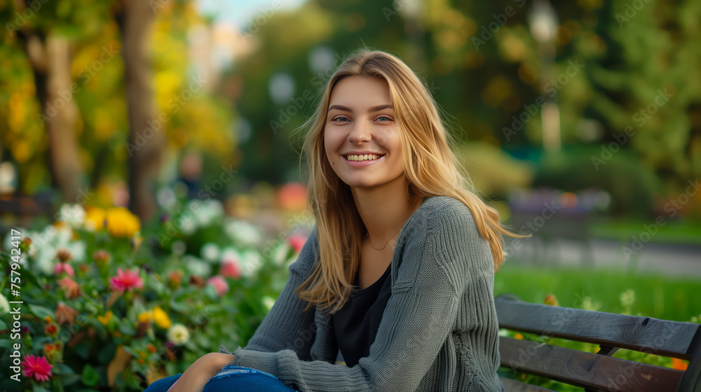 Portrait Session in City Park A portrait of a smiling woman sitting on a bench in a city park, surrounded by green trees and colorful flowers Portrait Session in City Park A portrait of a smiling woman sitting on a bench in a city park, surrounded by green trees and colorful flowers