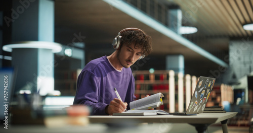 Handsome European Student Studying in a Traditional Library. Young Male Wearing Headphones, Working on an University Research Project, Reading Academic Textbook and Journals Online