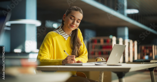 Photos Thoughtful European College Student Using Laptop Computer to Study in a Public Library