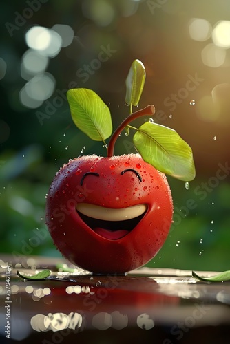 Smiling Apple With Green Leaf