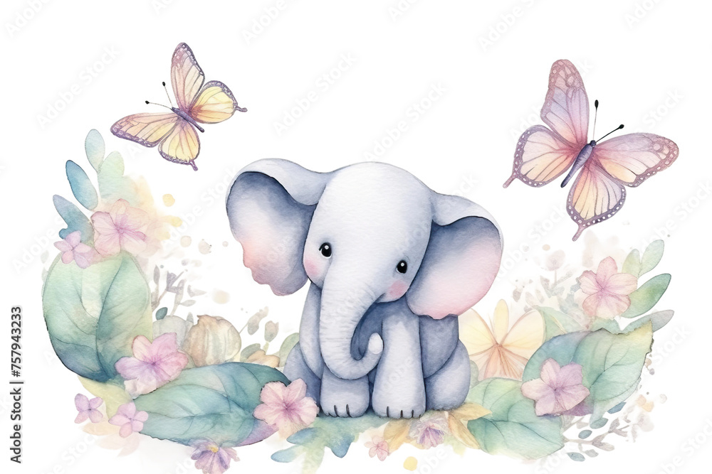 surrounded plants elephant sits children's children's textiles Watercolor butterflies invitations Little frame