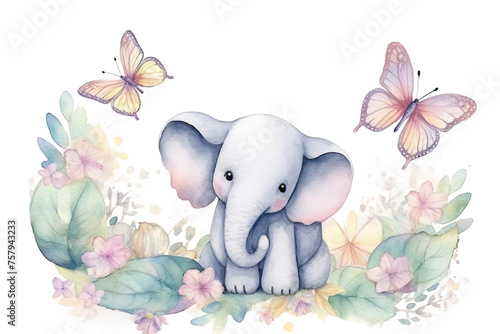 Obraz na płótnie surrounded plants elephant sits children's children's textiles Watercolor butterflies invitations Little frame w salonie