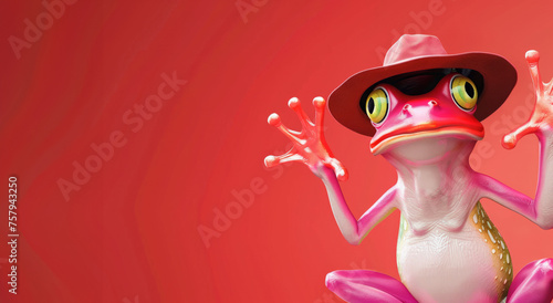 A pink frog wearing sunglasses and a hat. The frog is looking at the camera. 3d animal amphibian illustration - Funny abstract pink frog with hands up, isolated on a red background banner © Nataliia_Trushchenko
