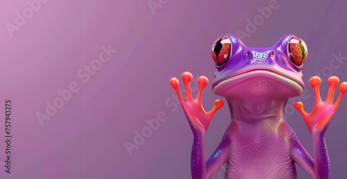 A purple frog wearing sunglasses and a hat. The frog is looking at the camera. 3d animal amphibian illustration - Funny abstract purple frog with hands up, isolated on a purple background banner photo