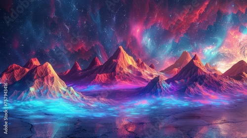 landscape of neon mountains and valleys blending seamlessly with a glowing digital sky
