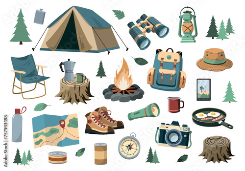 Cartoon set of camping elements. Flat vector illustration. Forest tourism concept. Isolated on white background