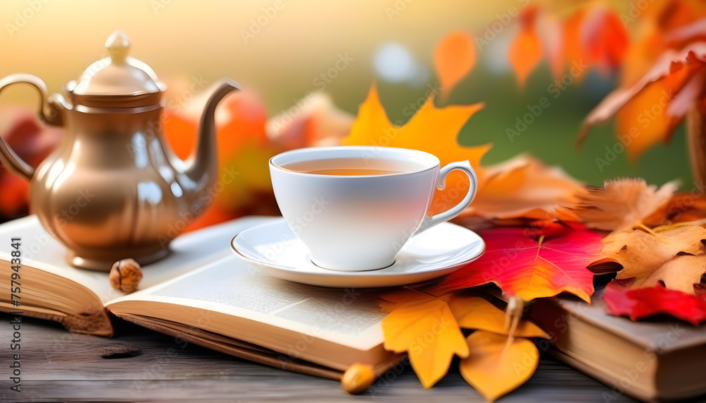 A cup of tea or coffee and cattle with a stack of old books and autumn leaves on a wooden table