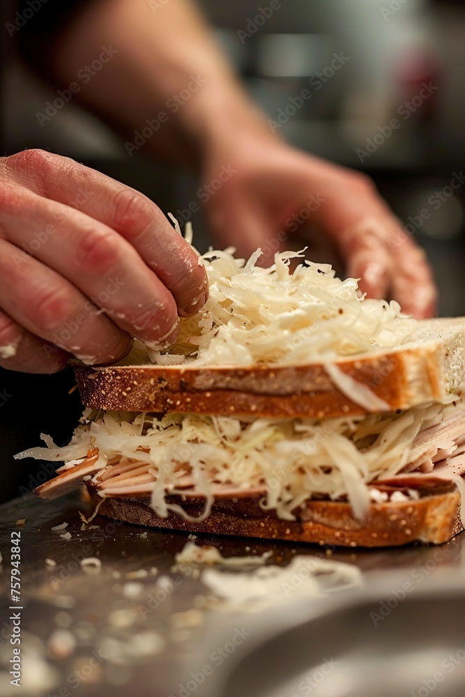 Person Building Sandwich on Wooden Table