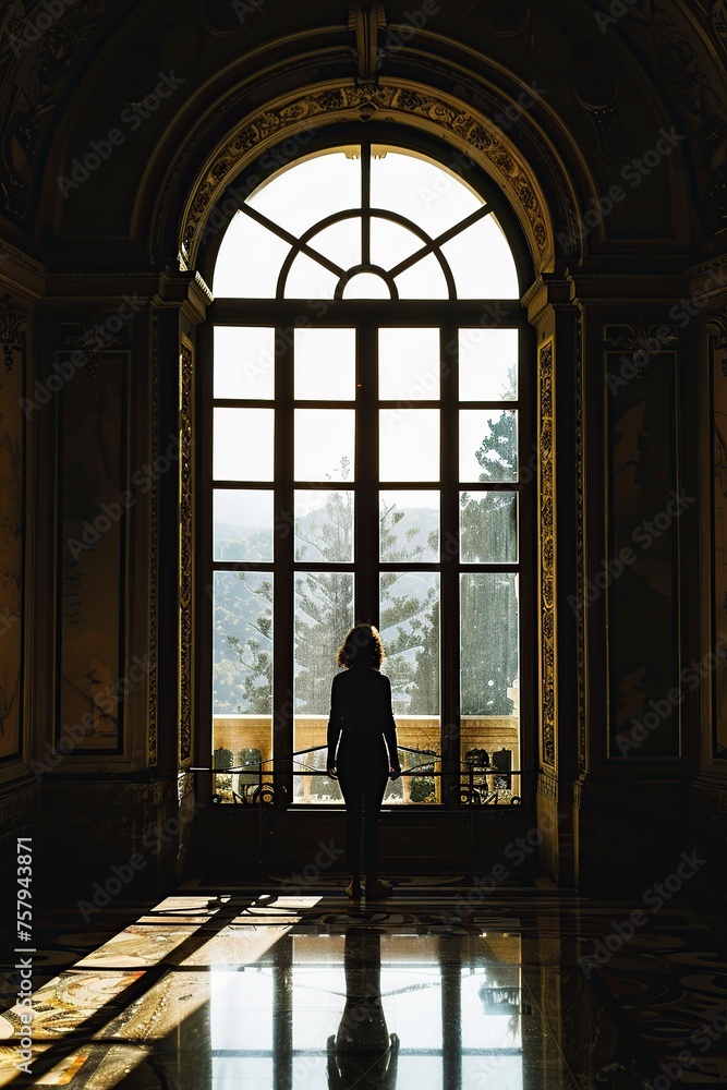 Person Standing by Window at Sunset