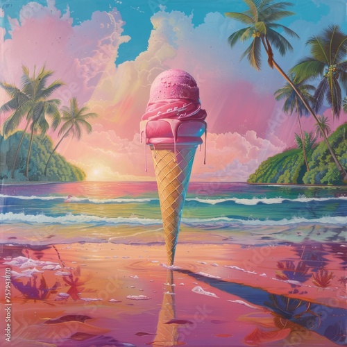 abstract 3d pink ice cream cone against the background of a beach with palm trees