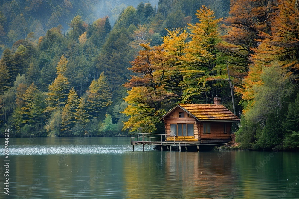 Obraz premium Tree House Floating in Lake