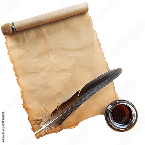 old paper scroll and quill isolated on transparent background