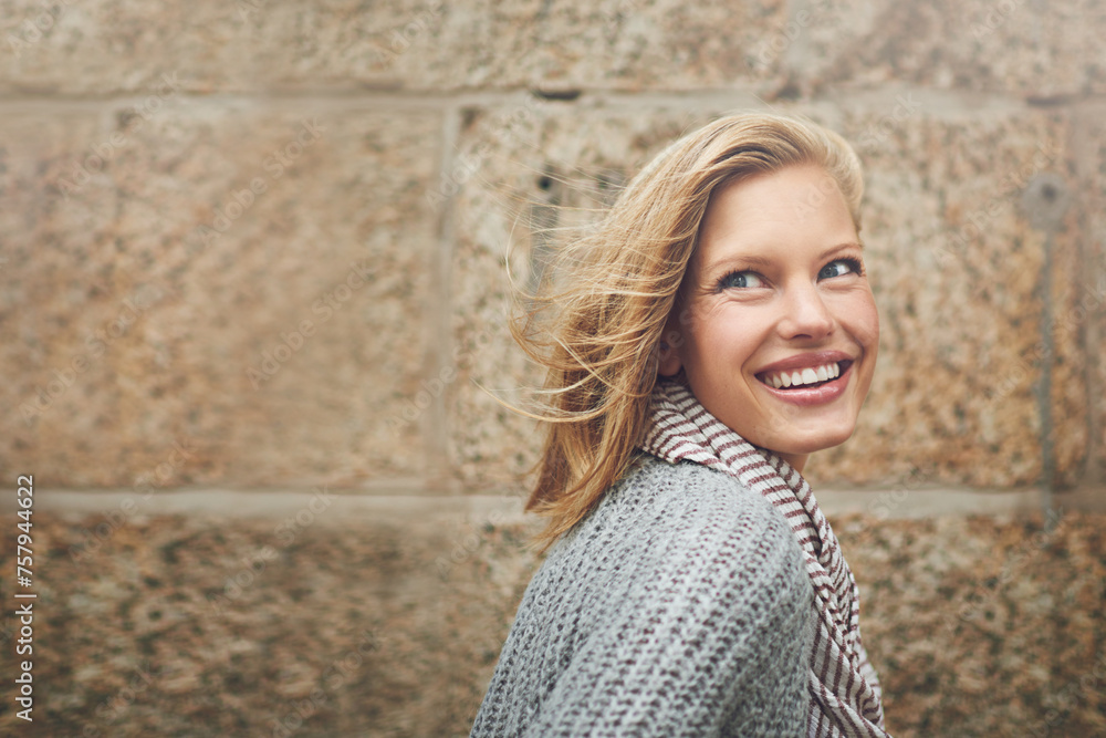 Fashion, wall background and woman in city laughing with confidence, trendy clothes and style. Travel, happiness and face of person outdoors for journey on holiday, weekend and vacation in Canada Fashion, wall background and woman in city laughing with confidence, trendy clothes and style. Travel, happiness and face of person outdoors for journey on holiday, weekend and vacation in Canada