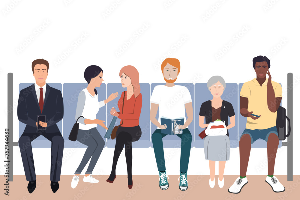 People are sitting in the subway. Cartoon characters. Men and women go to work and study. Vector isolated illustration.