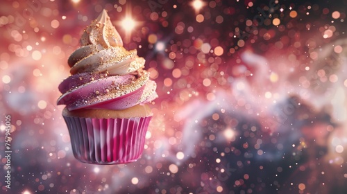 A close-up view of a floating cupcake in a sparkling galaxy background.