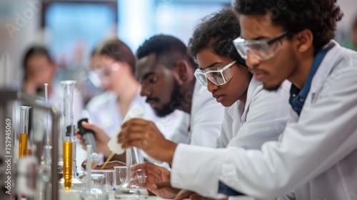 young students in white dressing gowns in laboratory put experiments, conduct researches