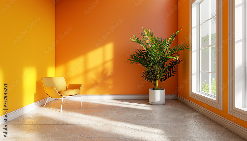 simple modern interior in bright colours, hallway, warm color palette, minimalistic composition