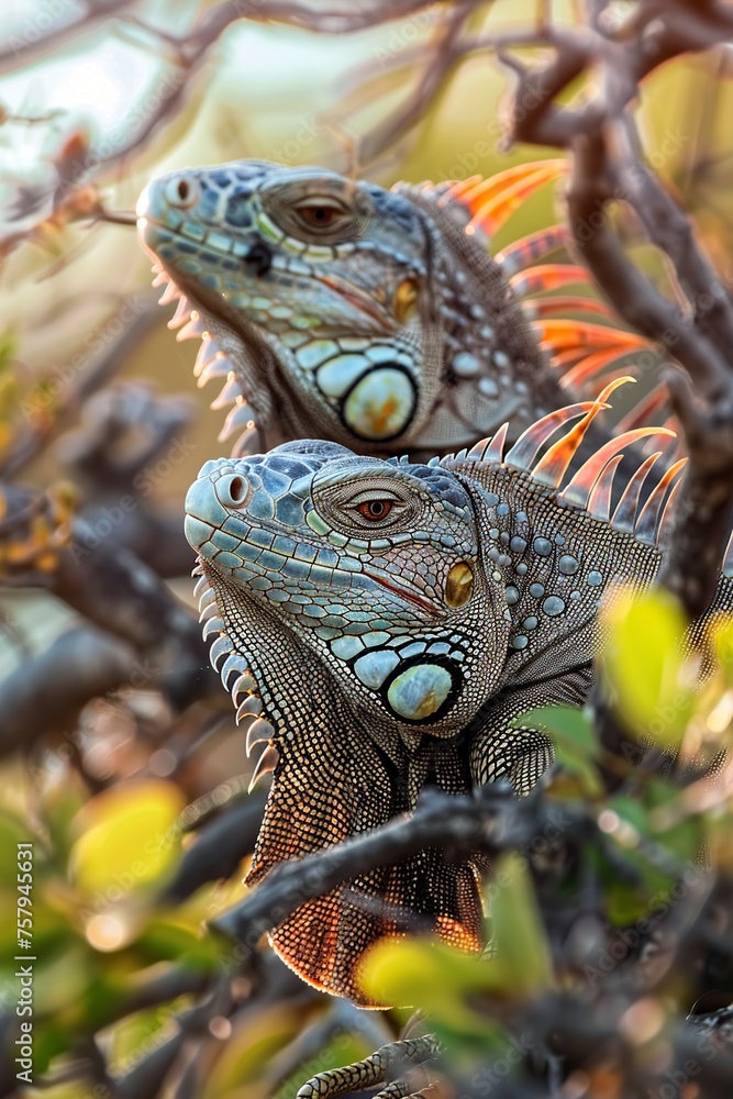 Two Green Iguanas Perched on Tree Branch Two Green Iguanas Perched on Tree Branch