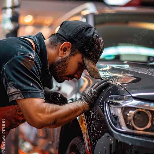 Man Washing Car With Sponge