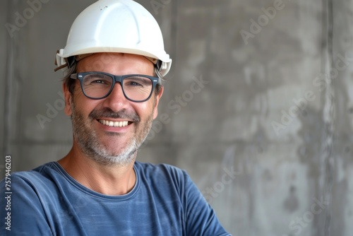 portrait of smiling man builder or engineer in blue T-shirt and white helmet in a renovated room photo