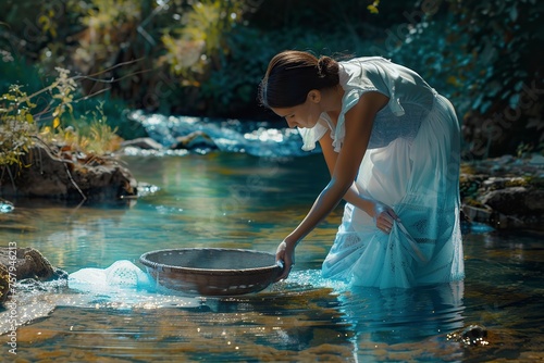 Woman in Dress Sitting on Rock by Stream