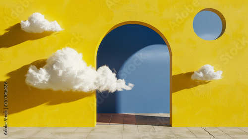 Abstract Sunny Dreamscape - Fluffy White Clouds Emerging from a Blue Archway on a Vibrant Yellow Background