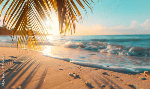 Fototapeta Naklejka Na Ścianę i Meble -  Sea view with palm leaf on sandy beach against sunlight. Summer holiday concept banner with copy space.