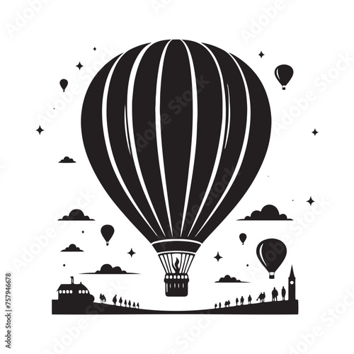 Hot Air Balloon Vector Silhouette: A Whimsical Silhouette Capturing the Freedom of Hot Air Balloons in Vector Form. Hot Air Balloon Black Illustration.