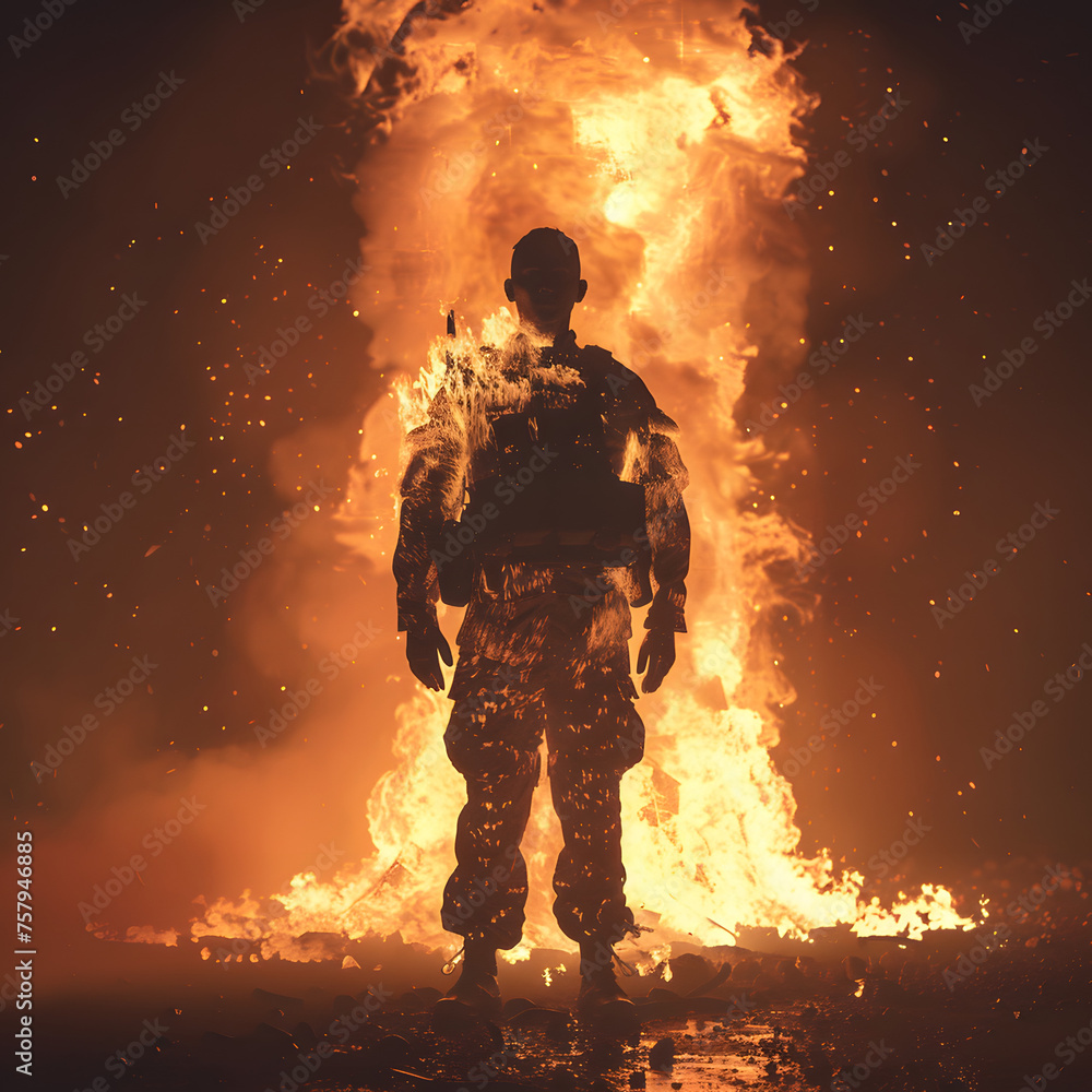 Soldier Standing Resolutely in Front of Flames generative ai Soldier Standing Resolutely in Front of Flames generative ai