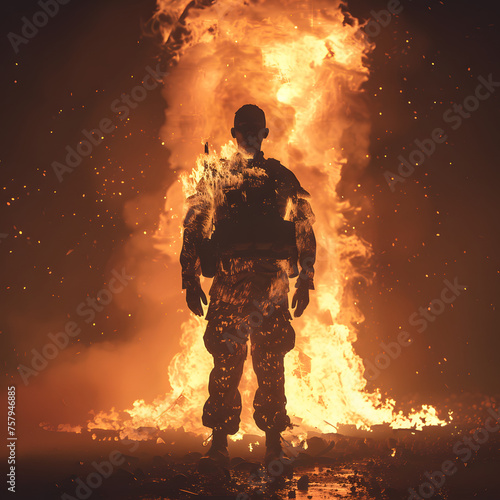 Soldier Standing Resolutely in Front of Flames generative ai