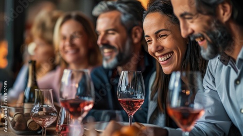 Friends enjoying a wine tasting at a cozy get-together, sharing laughs and toasts