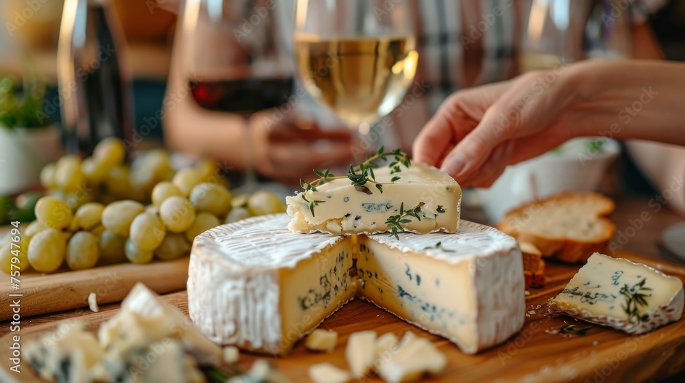 Romantic couple sharing gourmet Brie cheese at cozy wine tasting event