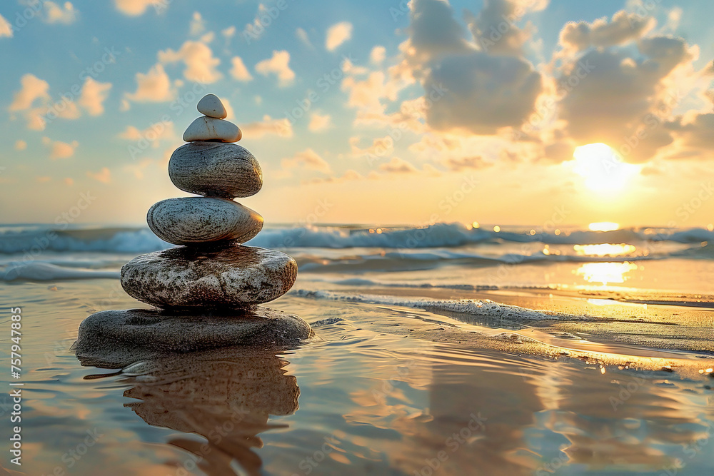 A stack of rocks on a beach with the sun setting in the background, stability, calmness, at sunset A stack of rocks on a beach with the sun setting in the background, stability, calmness, at sunset