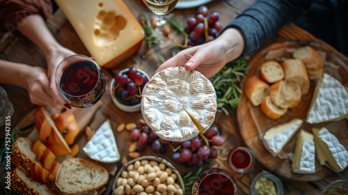 Top view of friends enjoying cheese platter with camembert and wine