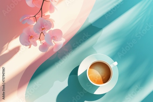 abstract image of a cup of coffee with 3d white saucer on colored background