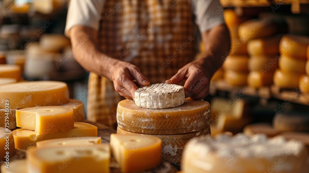 Artisan cheese maker admiring a fine wheel of cheese in a cheese shop